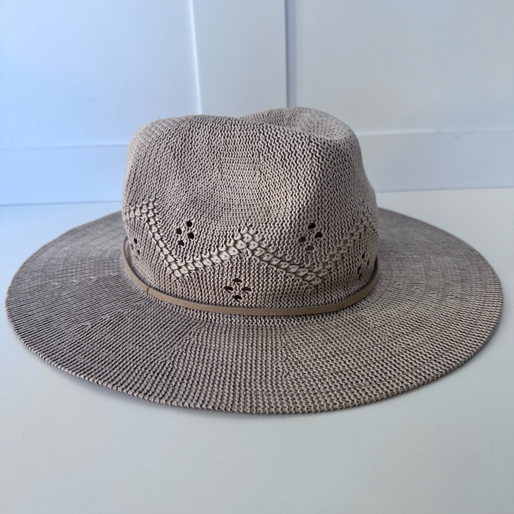 Free People Packable Knit Crochet Beige Fedora Wide Brim Boho Festival Beach Hat - Picture 4 of 7